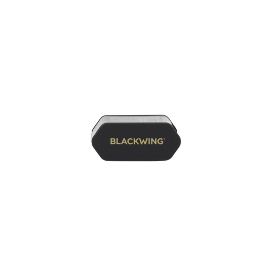 Blackwing Two-Step Long Point Sharpener in black with rubberized matte finish and German steel blades.