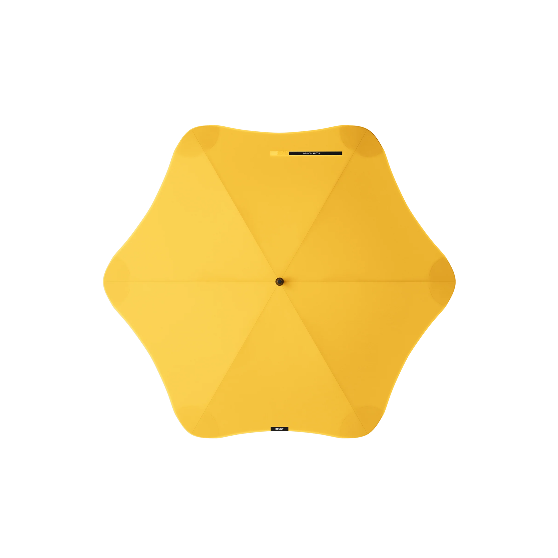 Top view of the Blunt Umbrella Classic Citrus Yellow in original full length that consist of the detachable UV fabric canopy, sturdy frame, shaft and handle. Ideal protection from heavy downpour or any weather.