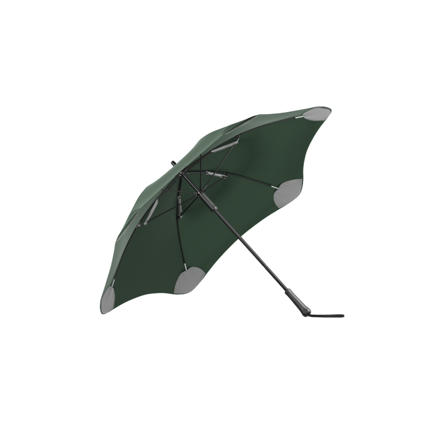 Blunt forest green classic umbrella underside top view showing handle and structure