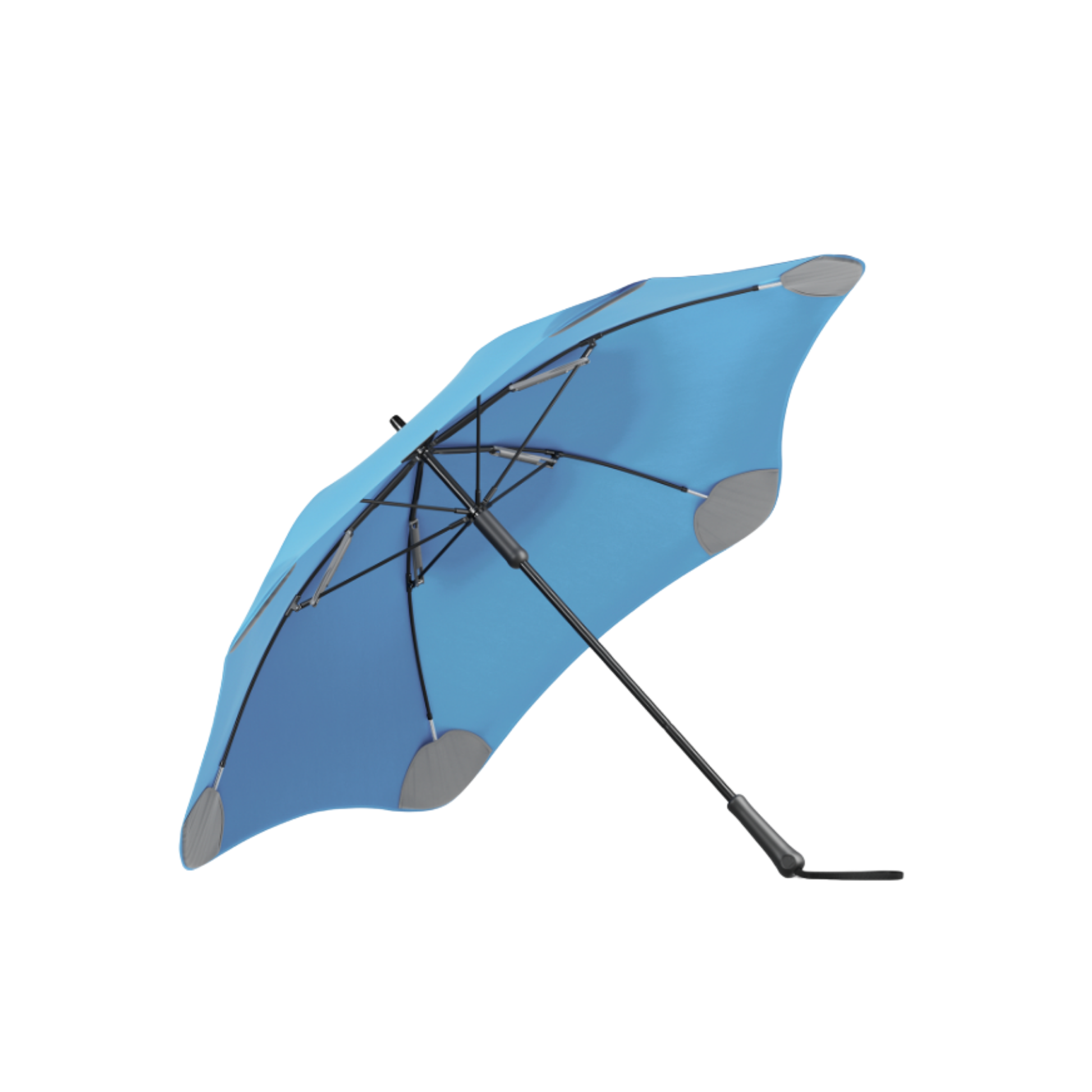 Blunt sky blue classic umbrella underside top view showing handle and structure