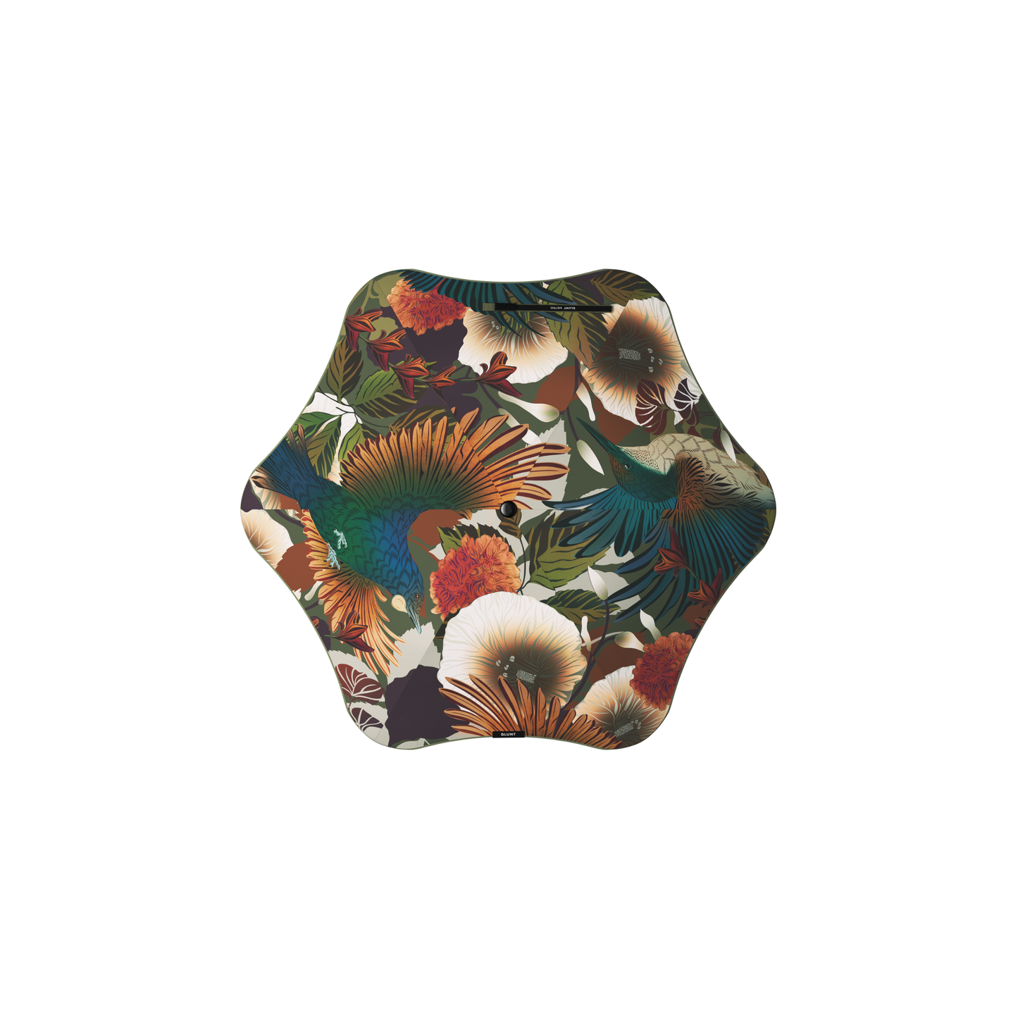 Top view of Blunt Umbrella Metro Flox that is bird and flowers, which is compact, collapsible and convenient, consisting of the detachable UV fabric canopy, sturdy frame, shaft and handle. Fits in your handbag, tote or backpack. Built for fast living, those who travel light, and any weather.