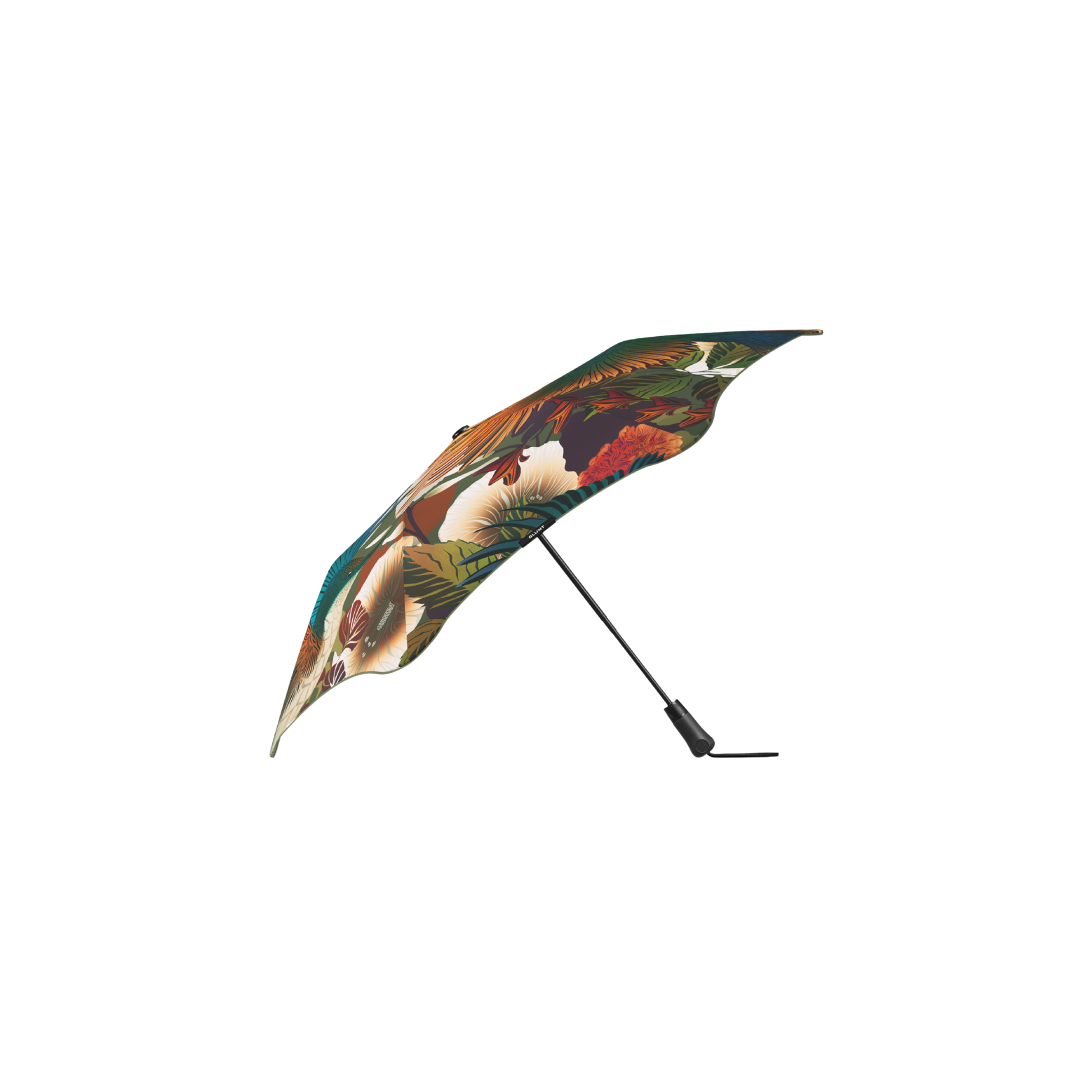Side view of Blunt Umbrella Metro Flox that is bird and flowers, which is compact, collapsible and convenient, consisting of the detachable UV fabric canopy, sturdy frame, shaft and handle. Fits in your handbag, tote or backpack. Built for fast living, those who travel light, and any weather.