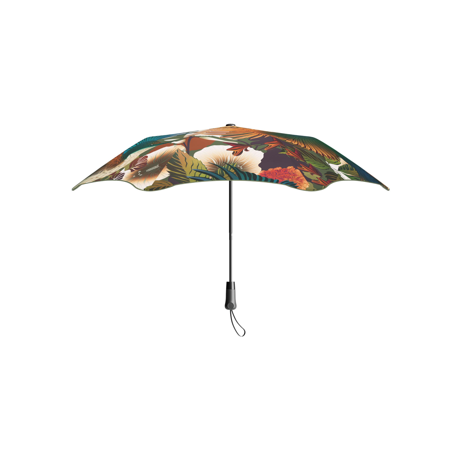 Upright position of the open Blunt Umbrella Metro Flox that is bird and flowers, which is compact, collapsible and convenient, consisting of the detachable UV fabric canopy, sturdy frame, shaft and handle. Fits in your handbag, tote or backpack. Built for fast living, those who travel light, and any weather.