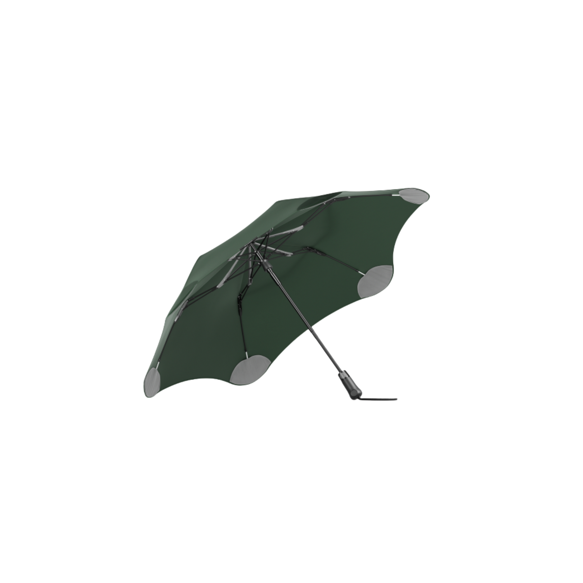 Blunt forest green metro umbrella underside top view showing handle and structure