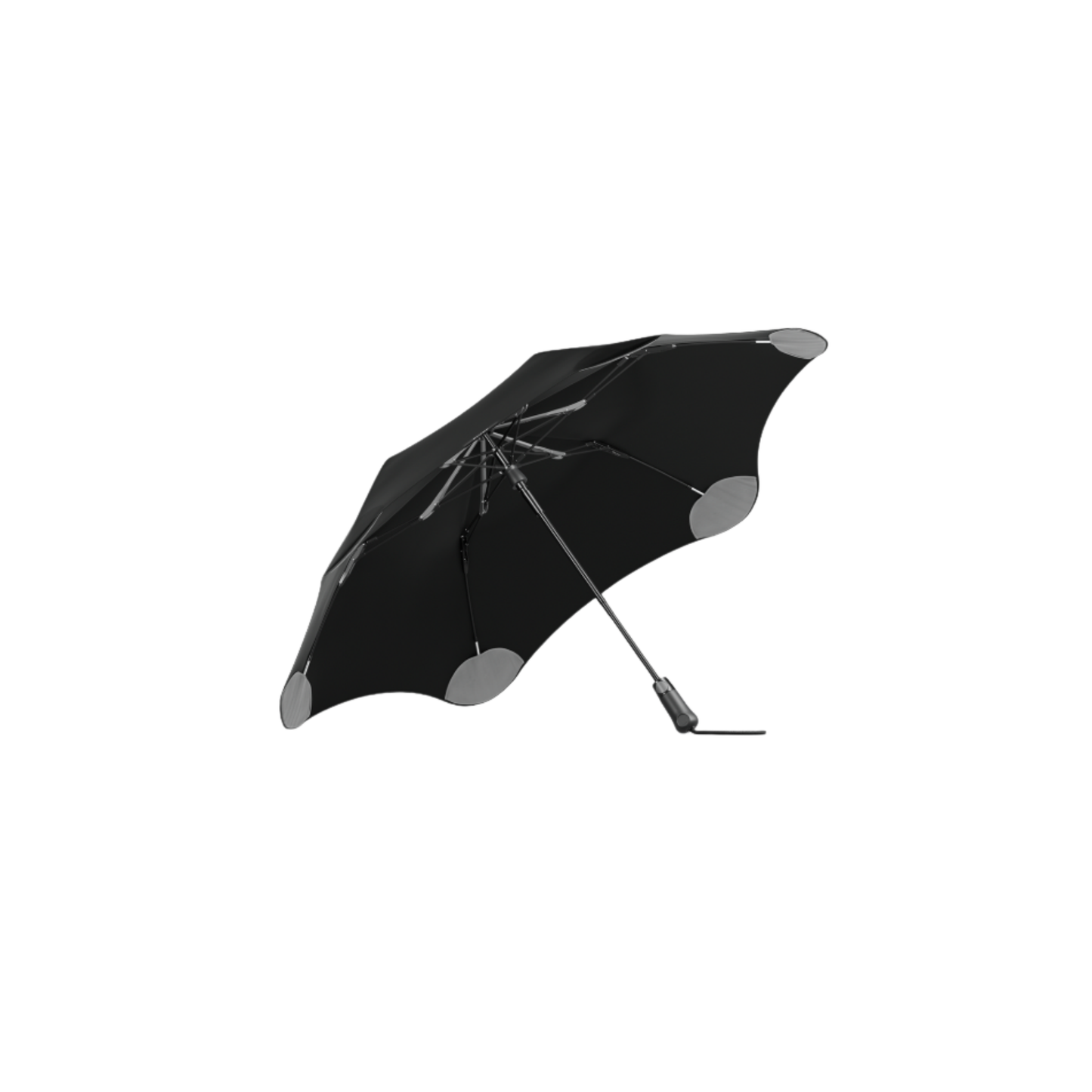 Blunt ink black metro umbrella underside top view showing handle and structure