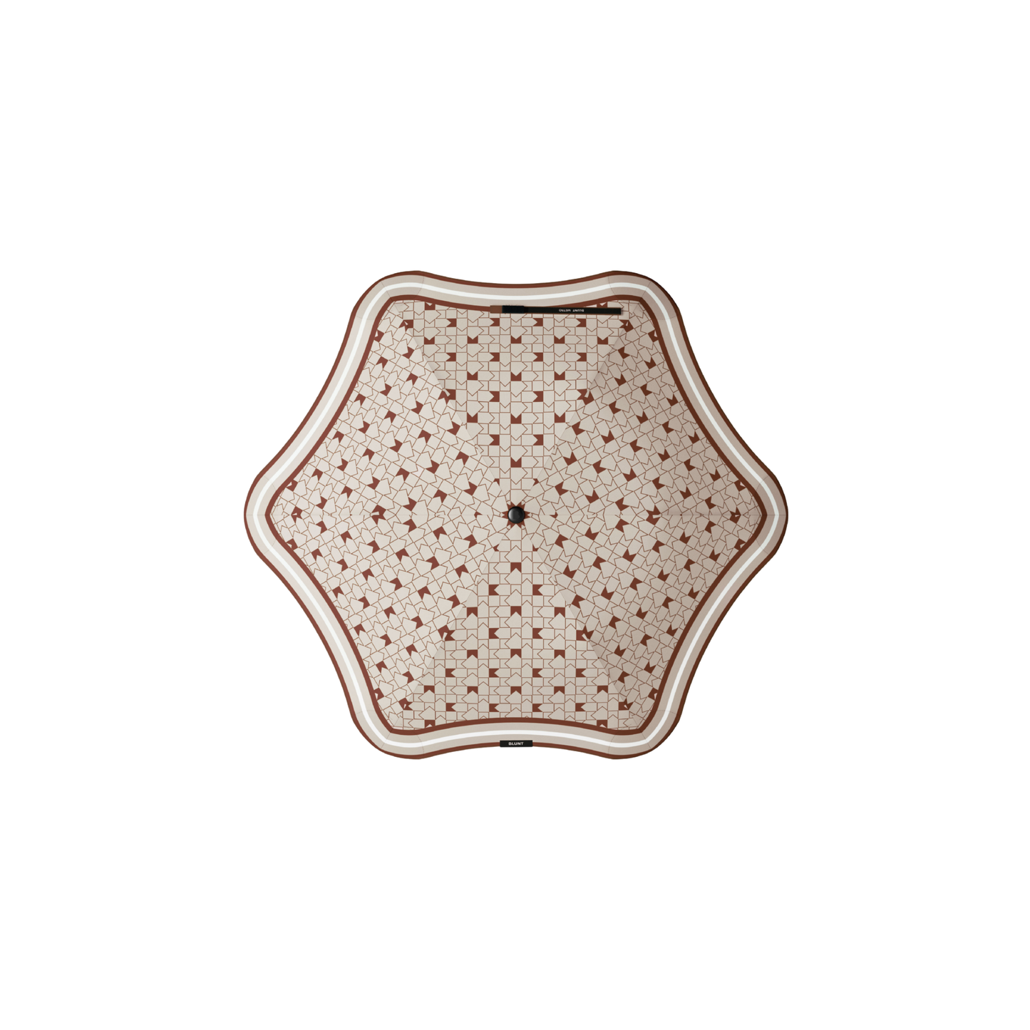 Top view of Blunt Umbrella Metro Karen Walker white and brown monogram print with same colors surrounding the sides, a timeless, compact, collapsible and convenient, consisting of the detachable UV fabric canopy, sturdy frame, shaft and handle. Fits in your handbag, tote or backpack. Built for fast living, those who travel light, and any weather.