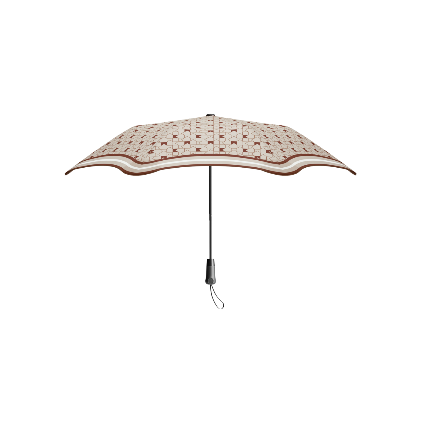 Upright position of the open Blunt Umbrella Metro Karen Walker white and brown monogram print with same colors surrounding the sides, a timeless, compact, collapsible and convenient, consisting of the detachable UV fabric canopy, sturdy frame, shaft and handle. Fits in your handbag, tote or backpack. Built for fast living, those who travel light, and any weather.