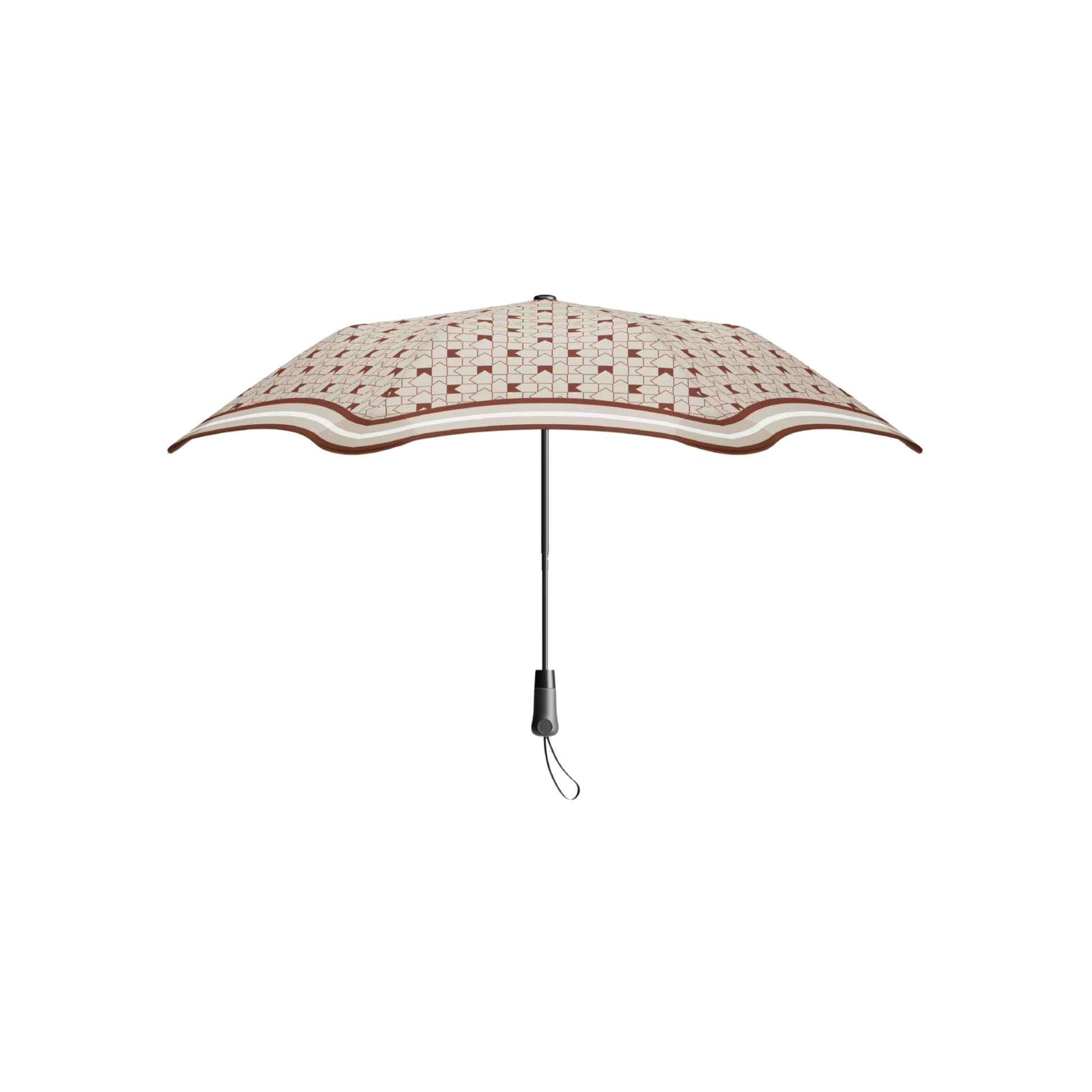 Upright position of the open Blunt Umbrella Metro Karen Walker white and brown monogram print with same colors surrounding the sides, a timeless, compact, collapsible and convenient, consisting of the detachable UV fabric canopy, sturdy frame, shaft and handle. Fits in your handbag, tote or backpack. Built for fast living, those who travel light, and any weather.
