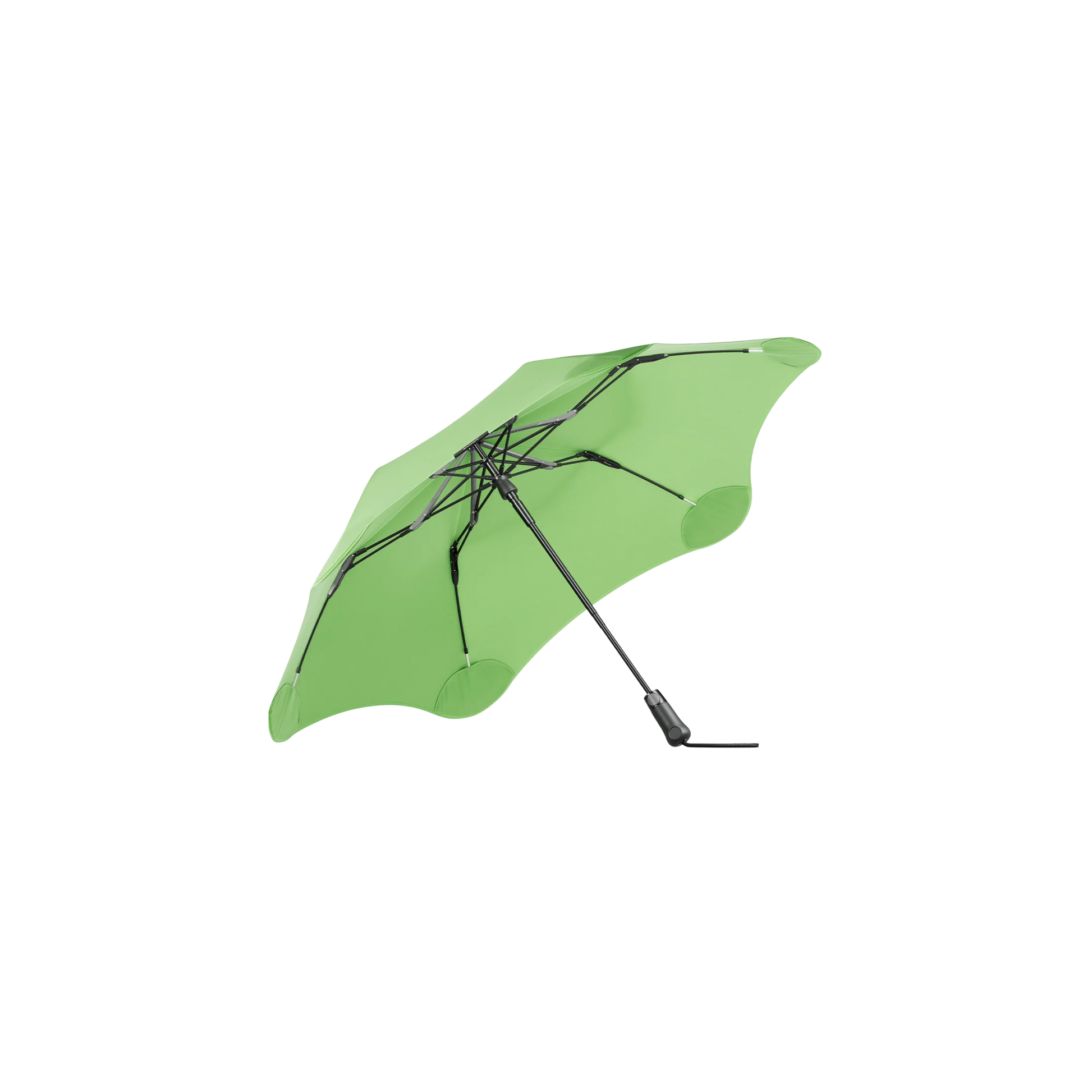 Side view showing the inner side from the Blunt Umbrella Metro Meadow Green that is compact, collapsible and convenient. Consist of the detachable UV fabric canopy, sturdy frame, shaft and handle. Fits in your handbag, tote or backpack. Built for fast living, those who travel light, and any weather.