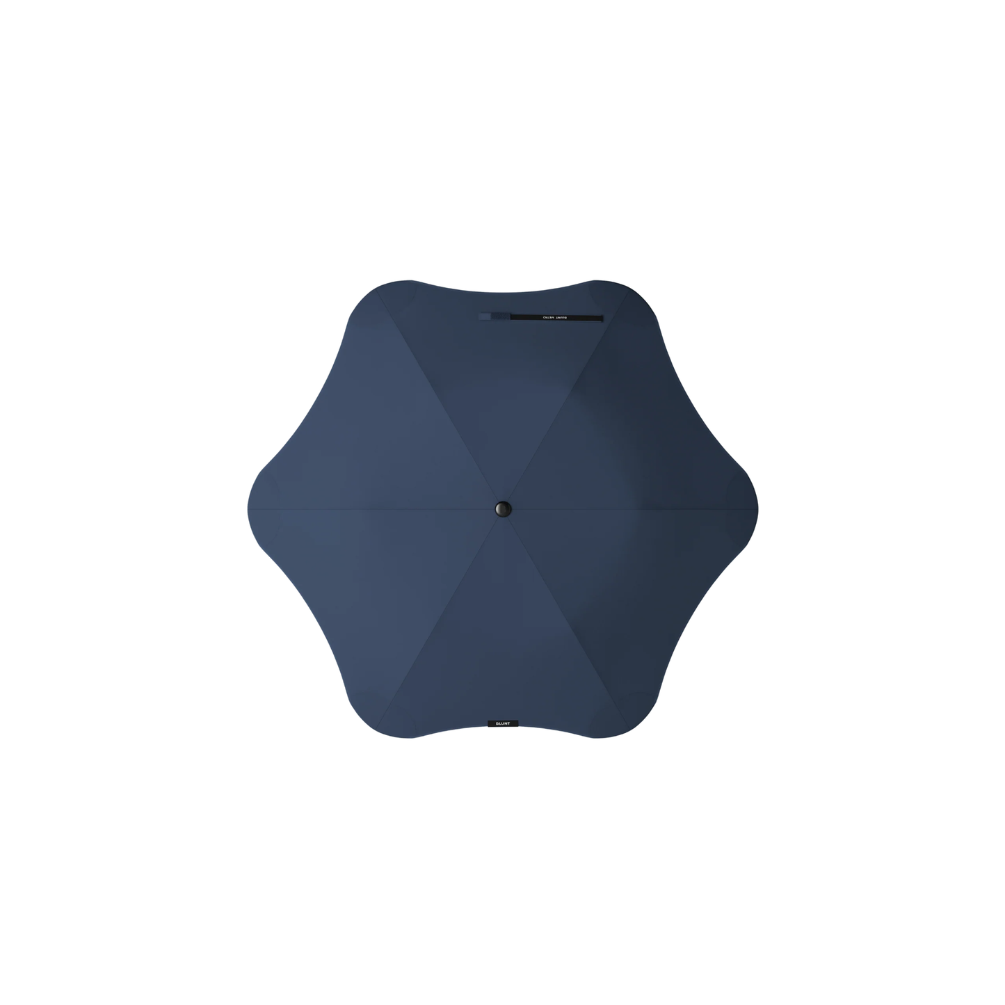 Top view of the Blunt Umbrella Metro Midnight Navy, which is compact, collapsible and convenient, consisting of the detachable UV fabric canopy, sturdy frame, shaft and handle. Fits in your handbag, tote or backpack. Built for fast living, those who travel light, and any weather.