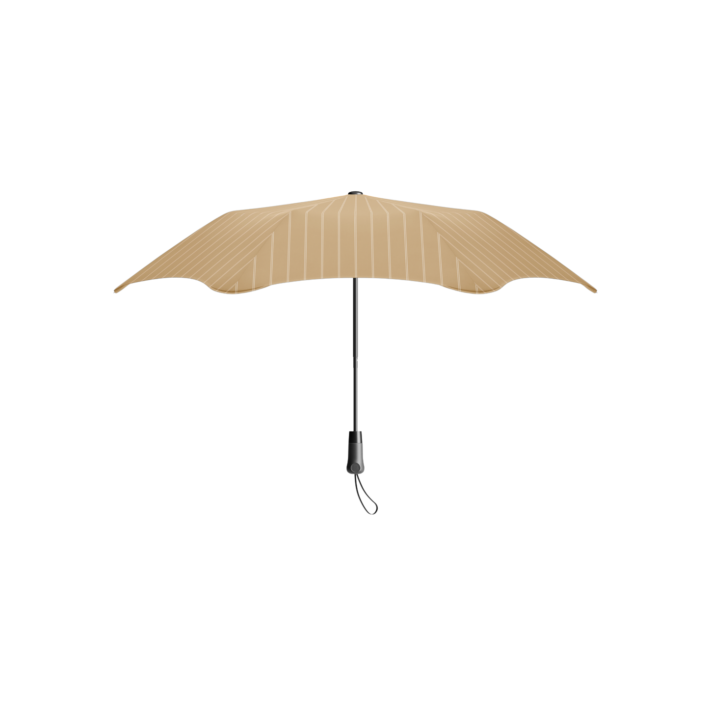 Upright position of the open Blunt Umbrella Metro Pinstripe Latte, which is compact, collapsible and convenient, consisting of the detachable UV fabric canopy, sturdy frame, shaft and handle. Fits in your handbag, tote or backpack. Built for fast living, those who travel light, and any weather.