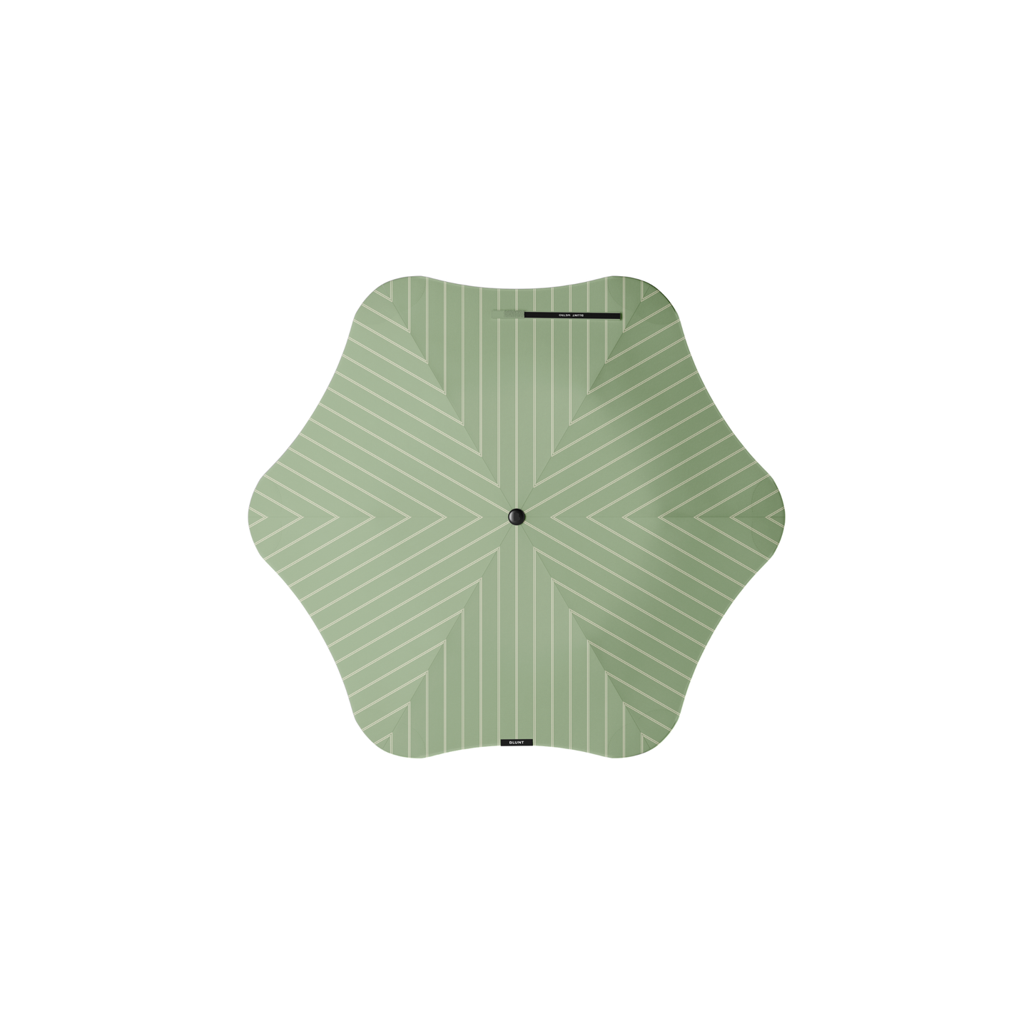 Top view of Blunt Umbrella Metro Pinstripe Matcha, which is compact, collapsible and convenient, consisting of the detachable UV fabric canopy, sturdy frame, shaft and handle. Fits in your handbag, tote or backpack. Built for fast living, those who travel light, and any weather.