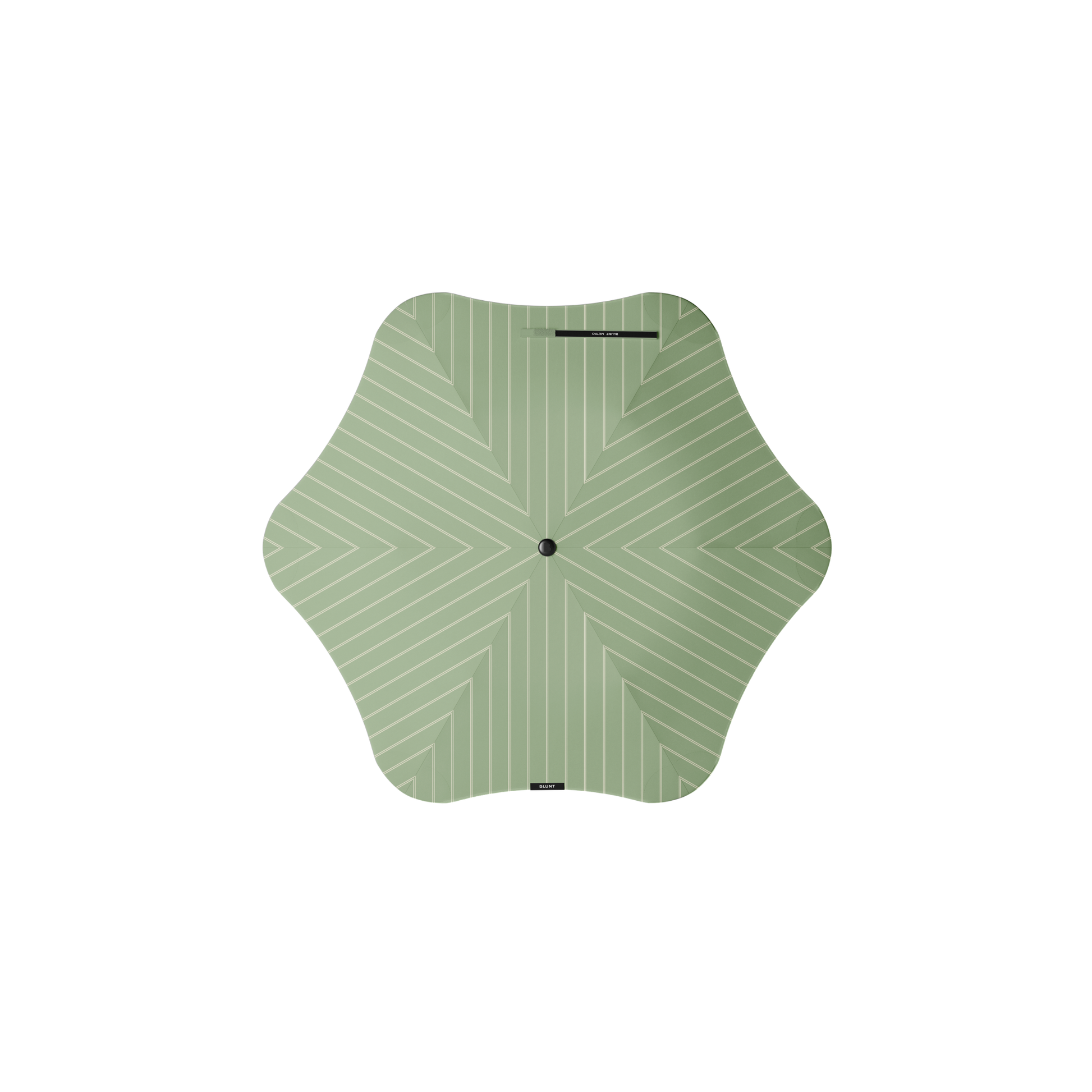 Top view of Blunt Umbrella Metro Pinstripe Matcha, which is compact, collapsible and convenient, consisting of the detachable UV fabric canopy, sturdy frame, shaft and handle. Fits in your handbag, tote or backpack. Built for fast living, those who travel light, and any weather.