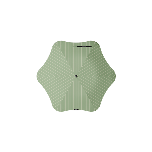 Top view of Blunt Umbrella Metro Pinstripe Matcha, which is compact, collapsible and convenient, consisting of the detachable UV fabric canopy, sturdy frame, shaft and handle. Fits in your handbag, tote or backpack. Built for fast living, those who travel light, and any weather.