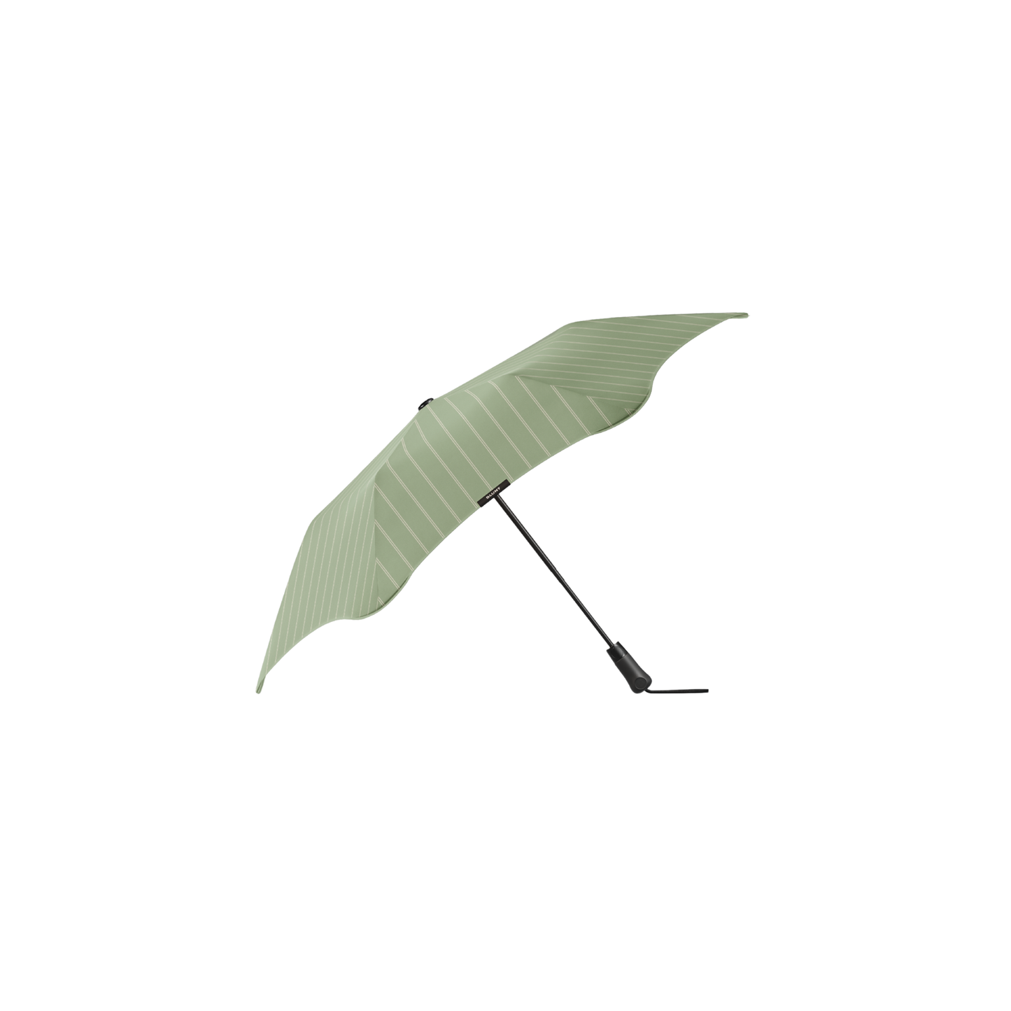 Side view of Blunt Umbrella Metro Pinstripe Matcha, which is compact, collapsible and convenient, consisting of the detachable UV fabric canopy, sturdy frame, shaft and handle. Fits in your handbag, tote or backpack. Built for fast living, those who travel light, and any weather.