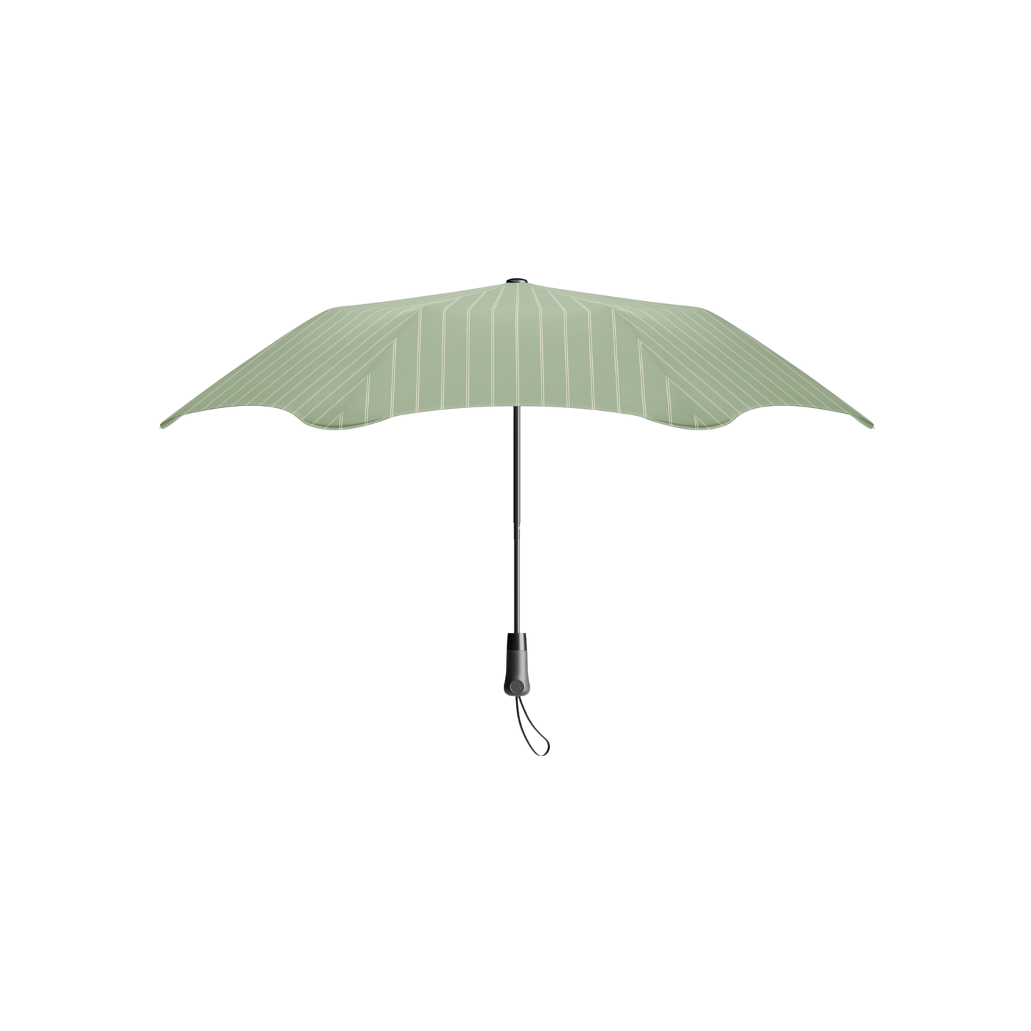 Upright position of the open Blunt Umbrella Metro Pinstripe Matcha, which is compact, collapsible and convenient, consisting of the detachable UV fabric canopy, sturdy frame, shaft and handle. Fits in your handbag, tote or backpack. Built for fast living, those who travel light, and any weather.