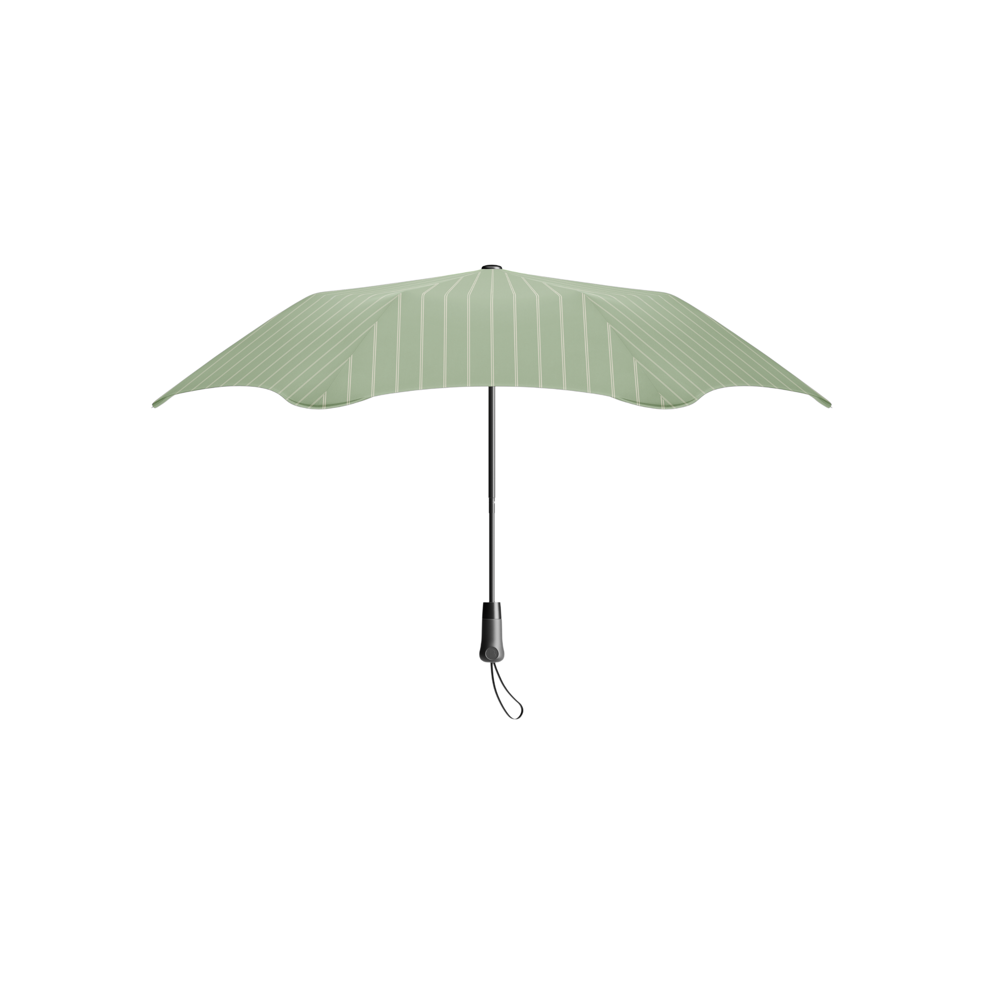 Upright position of the open Blunt Umbrella Metro Pinstripe Matcha, which is compact, collapsible and convenient, consisting of the detachable UV fabric canopy, sturdy frame, shaft and handle. Fits in your handbag, tote or backpack. Built for fast living, those who travel light, and any weather.