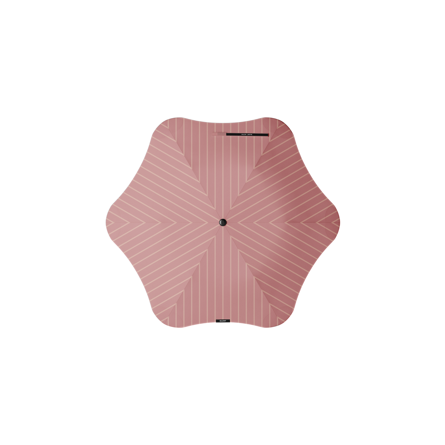 Top view of Blunt Umbrella Metro Pinstripe Strawberry, which is compact, collapsible and convenient, consisting of the detachable UV fabric canopy, sturdy frame, shaft and handle. Fits in your handbag, tote or backpack. Built for fast living, those who travel light, and any weather.