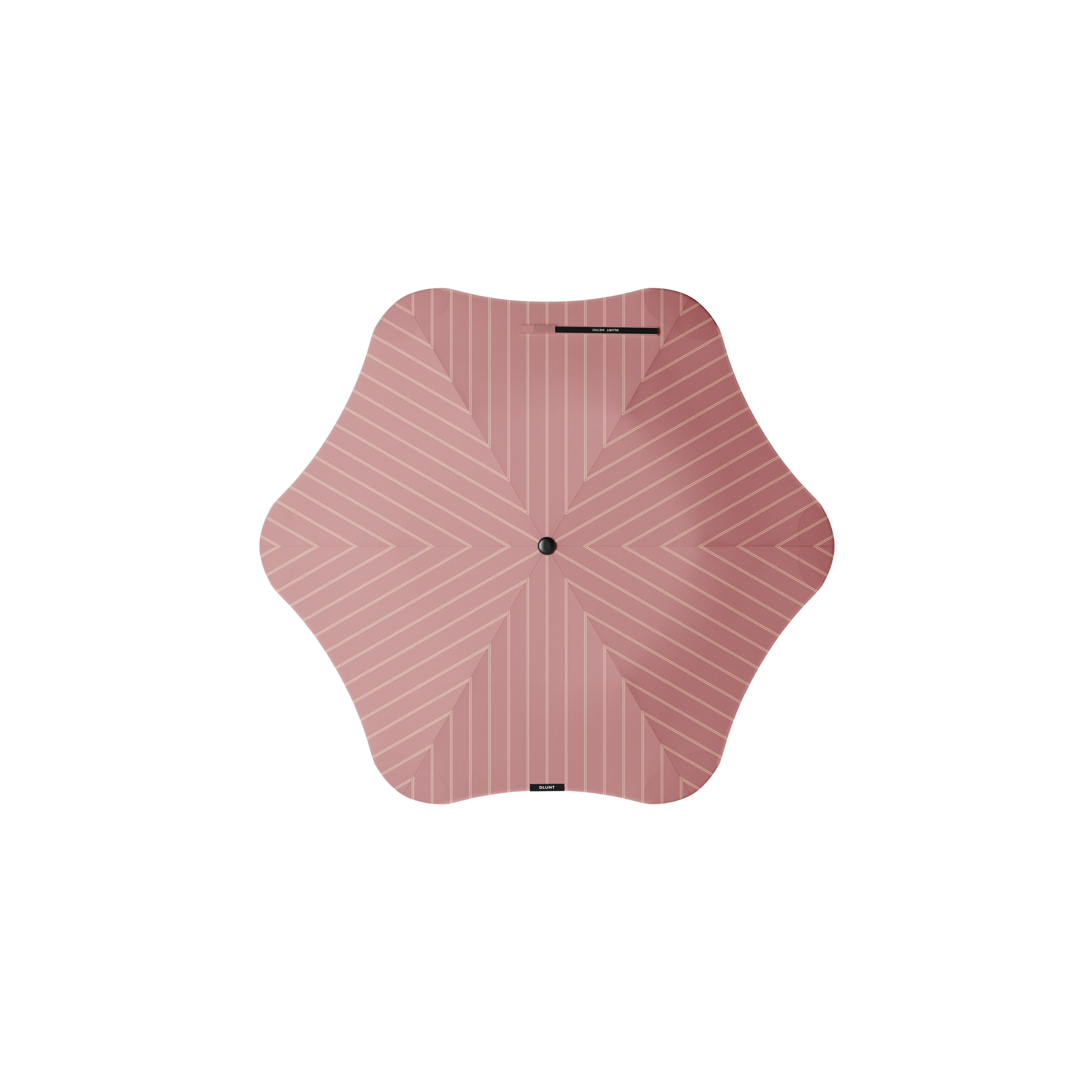 Top view of Blunt Umbrella Metro Pinstripe Strawberry, which is compact, collapsible and convenient, consisting of the detachable UV fabric canopy, sturdy frame, shaft and handle. Fits in your handbag, tote or backpack. Built for fast living, those who travel light, and any weather.