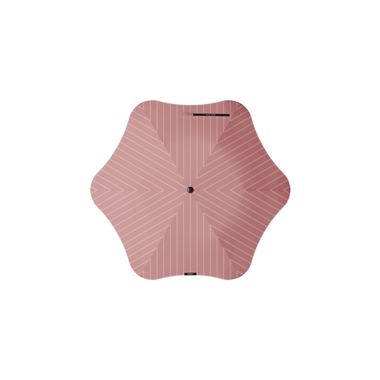 Top view of Blunt Umbrella Metro Pinstripe Strawberry, which is compact, collapsible and convenient, consisting of the detachable UV fabric canopy, sturdy frame, shaft and handle. Fits in your handbag, tote or backpack. Built for fast living, those who travel light, and any weather.