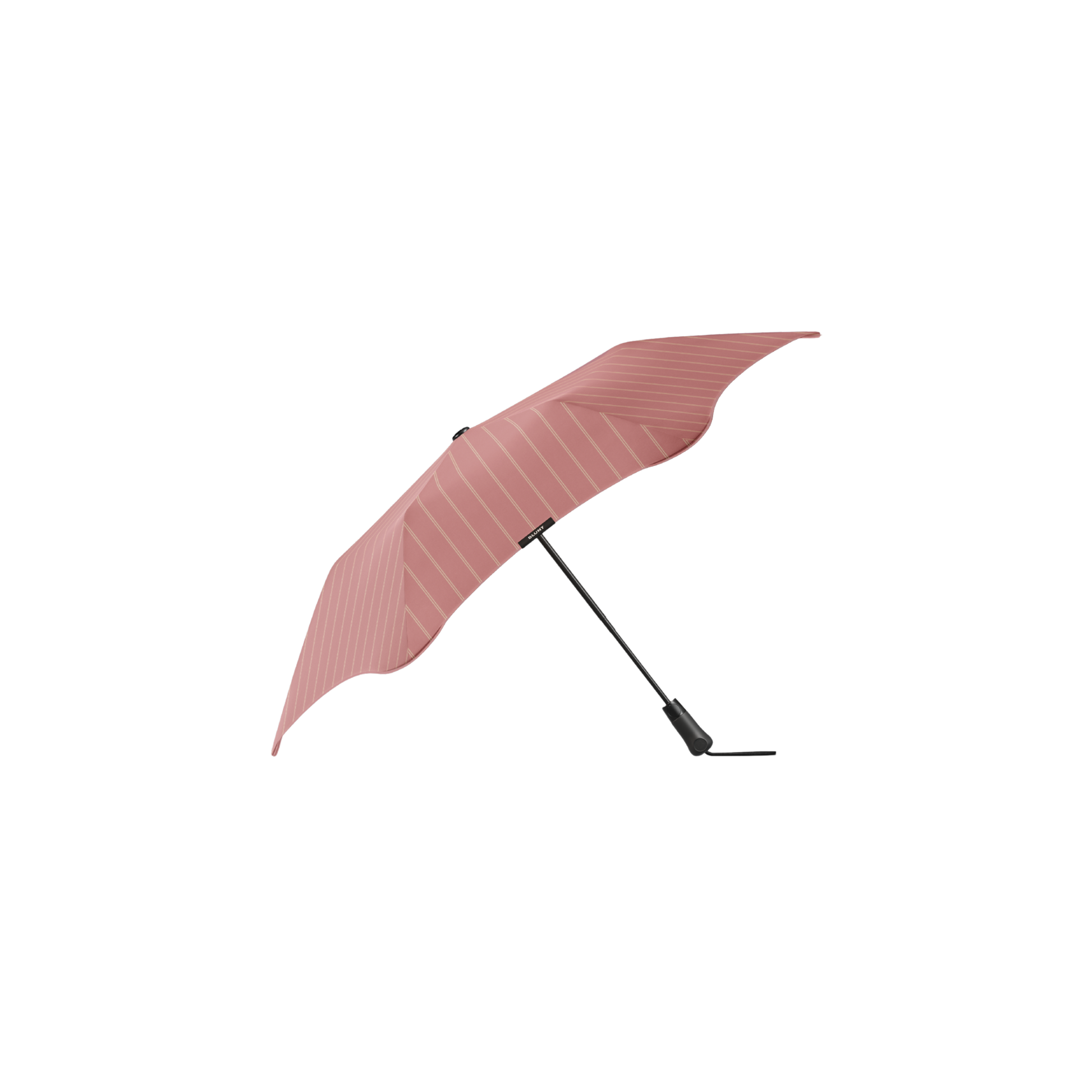 Side view of Blunt Umbrella Metro Pinstripe Strawberry, which is compact, collapsible and convenient, consisting of the detachable UV fabric canopy, sturdy frame, shaft and handle. Fits in your handbag, tote or backpack. Built for fast living, those who travel light, and any weather.
