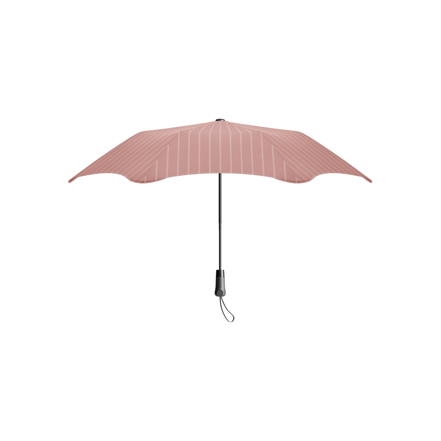 Upright position of the open Blunt Umbrella Metro Pinstripe Strawberry, which is compact, collapsible and convenient, consisting of the detachable UV fabric canopy, sturdy frame, shaft and handle. Fits in your handbag, tote or backpack. Built for fast living, those who travel light, and any weather.