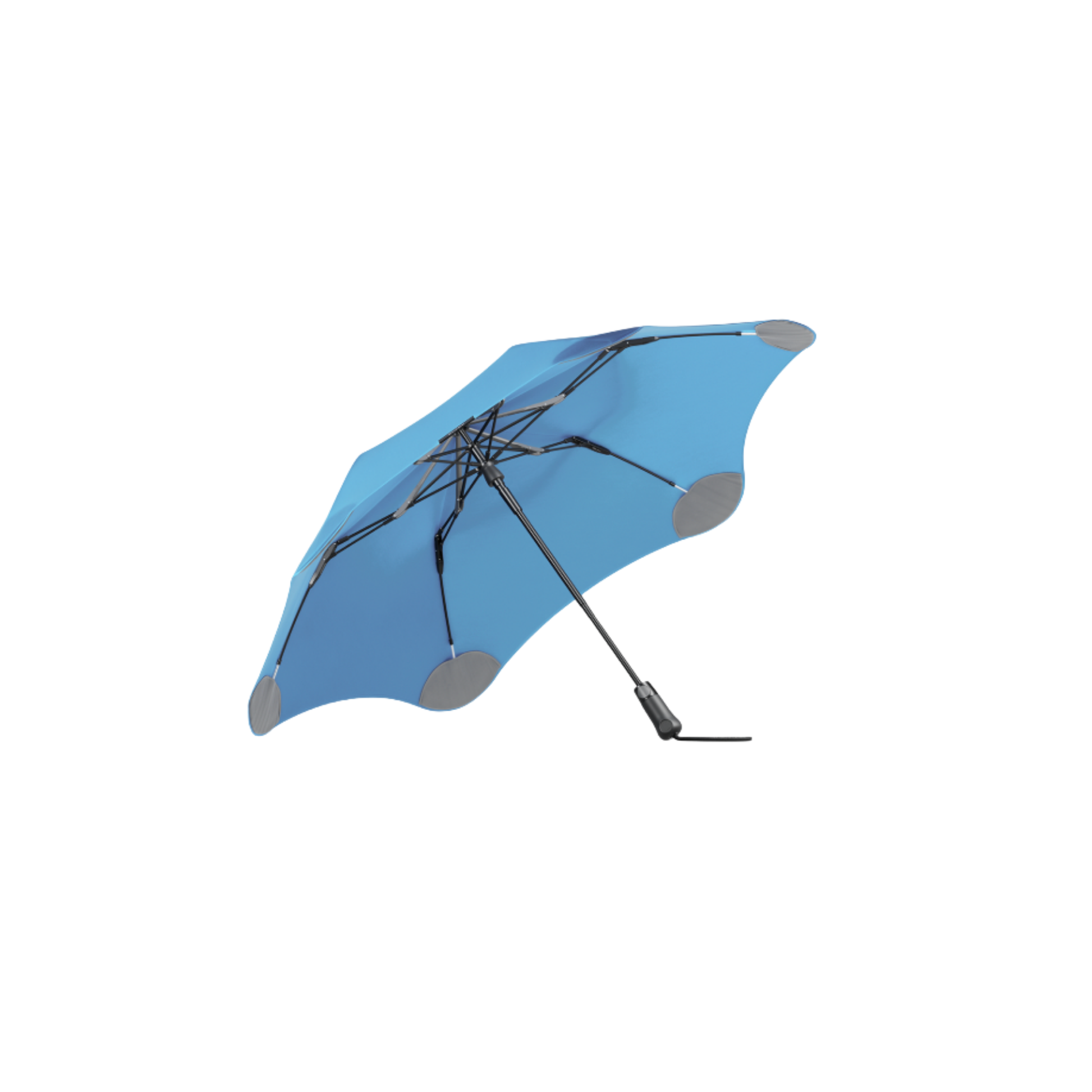 Blunt sky blue umbrella underside top view showing handle and structure