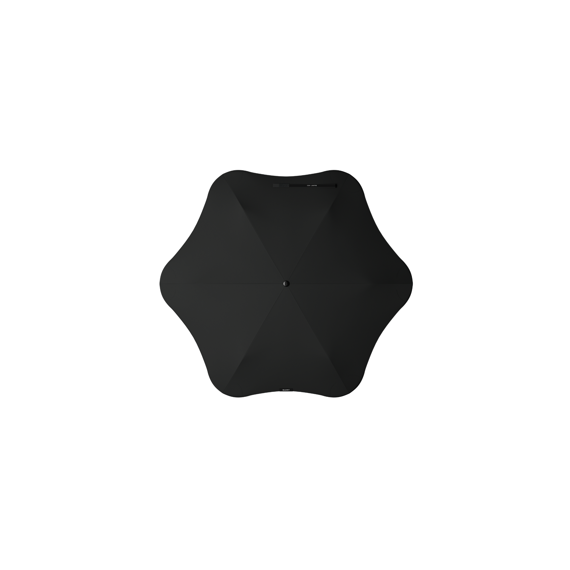 Top view of the Blunt Umbrella Black at 98cm, featuring a compact design with high tensioned canopy, wind tested construction and recycled rPET fabric for rain or shine.