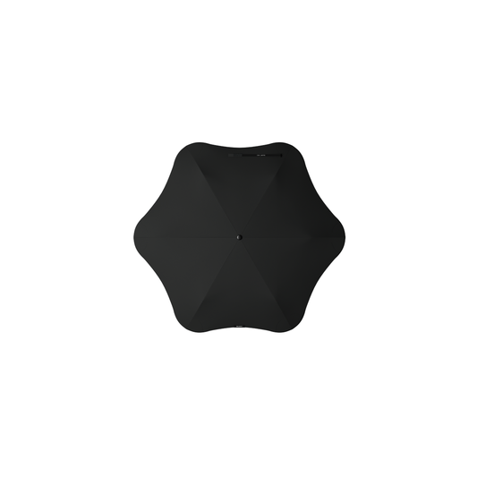 Top view of the Blunt Umbrella Black at 98cm, featuring a compact design with high tensioned canopy, wind tested construction and recycled rPET fabric for rain or shine.