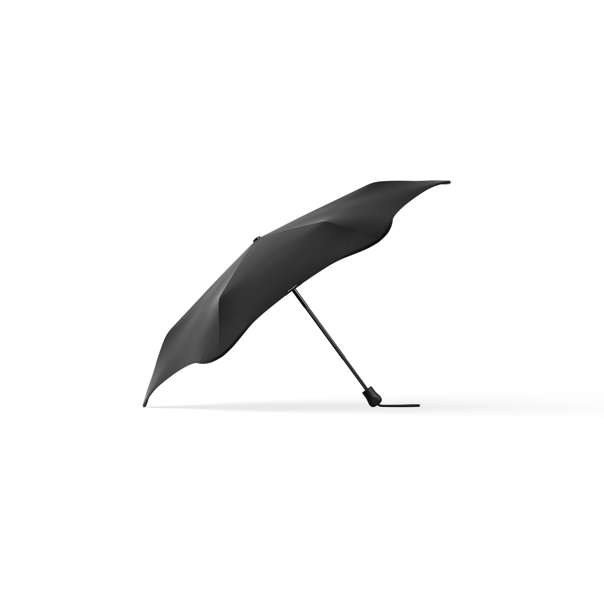 Side view of the Blunt Umbrella Black at 98cm, featuring a compact design with high tensioned canopy, wind tested construction and recycled rPET fabric for rain or shine.