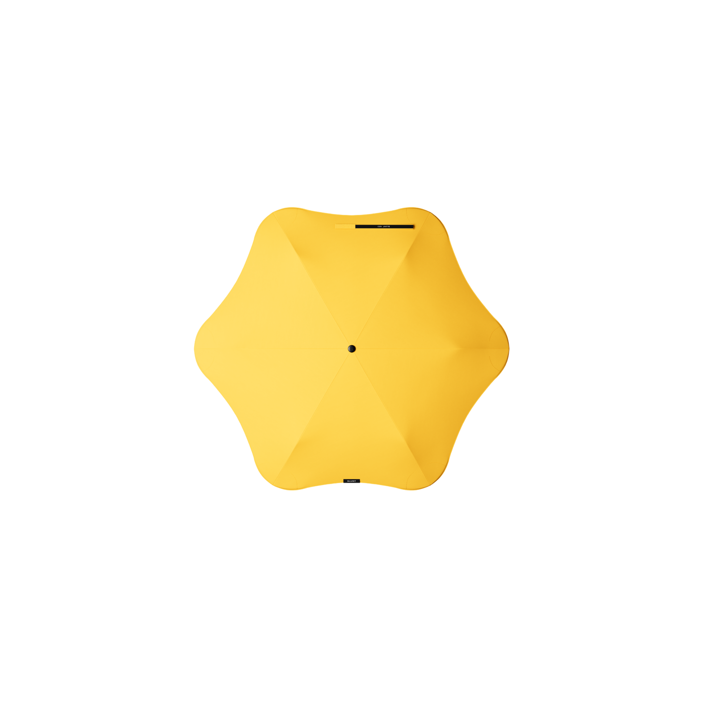Top view of the Blunt Umbrella Neo Citrus Yellow at 98cm, featuring a compact design with high tensioned canopy, wind tested construction and recycled rPET fabric for rain or shine.