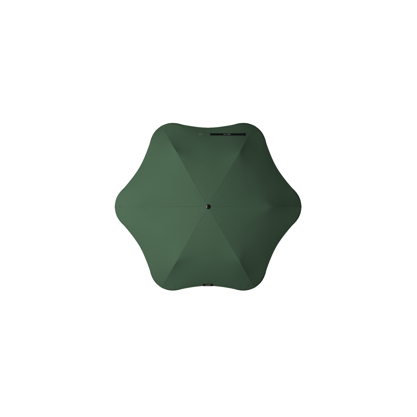Top view of the Blunt Umbrella Forest Green at 98cm, featuring a compact design with high tensioned canopy, wind tested construction and recycled rPET fabric for rain or shine.