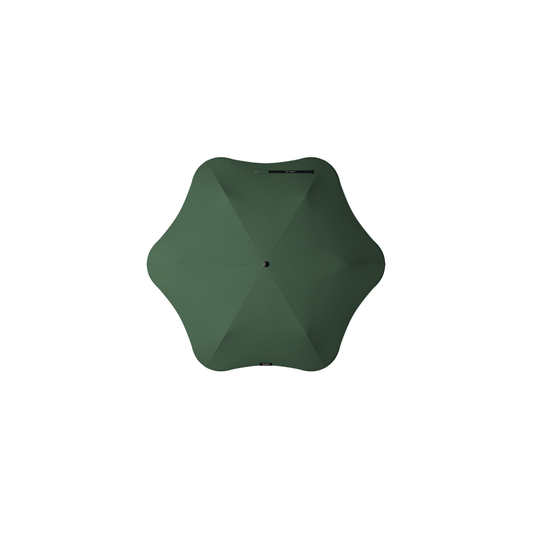 Top view of the Blunt Umbrella Forest Green at 98cm, featuring a compact design with high tensioned canopy, wind tested construction and recycled rPET fabric for rain or shine.