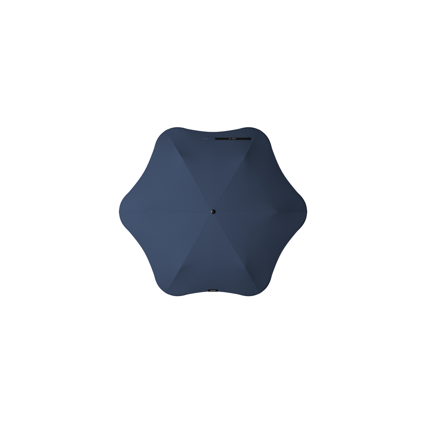 Top view of the Blunt Umbrella Midnight Navy at 98cm, featuring a compact design with high tensioned canopy, wind tested construction and recycled rPET fabric for rain or shine.