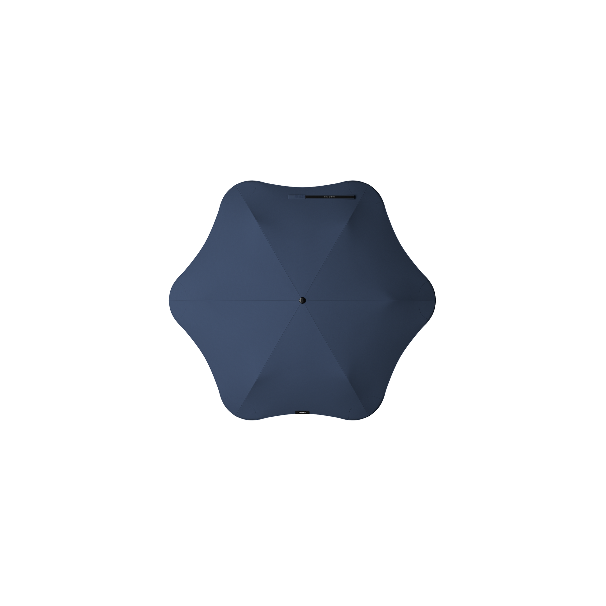 Top view of the Blunt Umbrella Midnight Navy at 98cm, featuring a compact design with high tensioned canopy, wind tested construction and recycled rPET fabric for rain or shine.