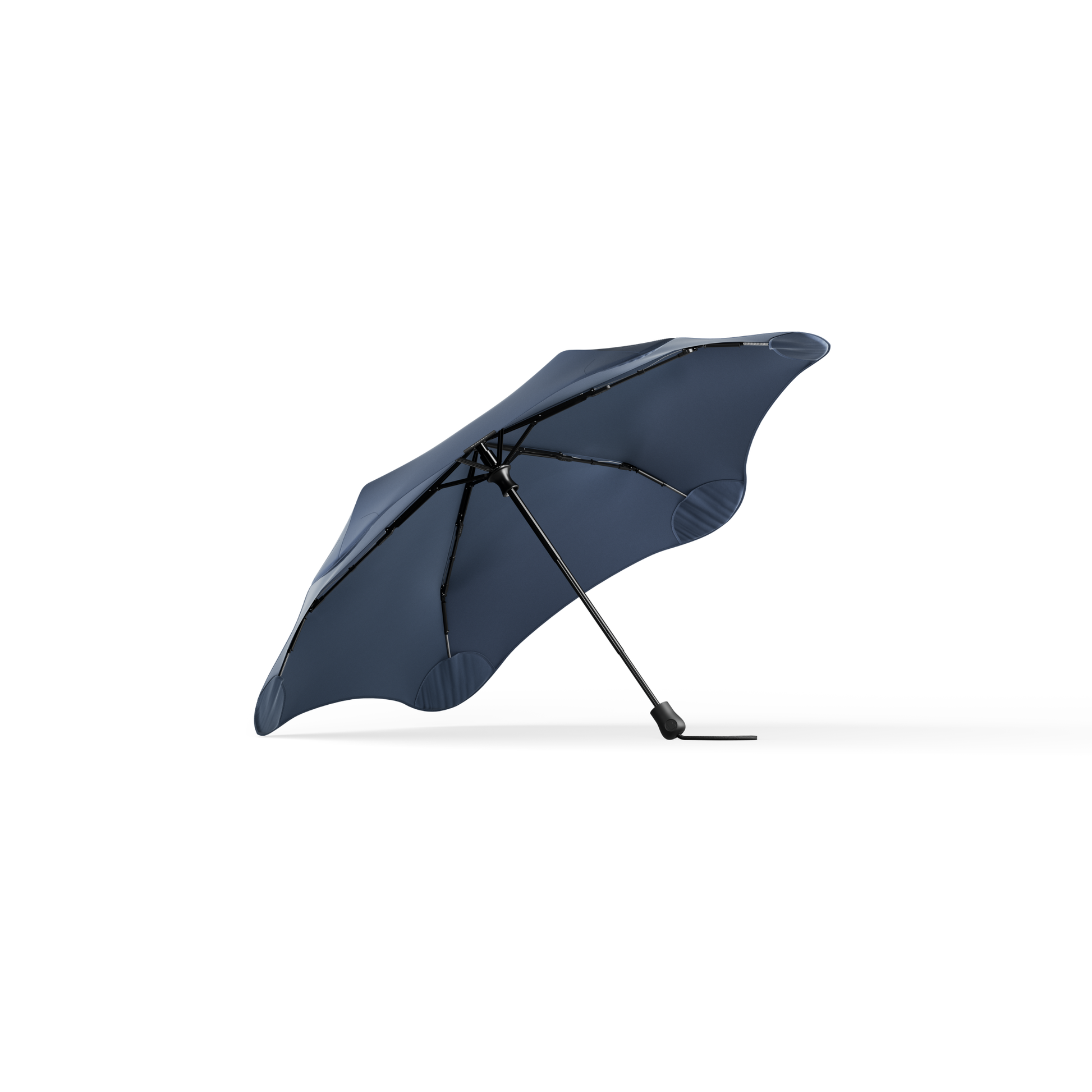 Open inner side of the Blunt Umbrella Midnight Navy at 98cm, featuring a compact design with high tensioned canopy, wind tested construction and recycled rPET fabric for rain or shine.