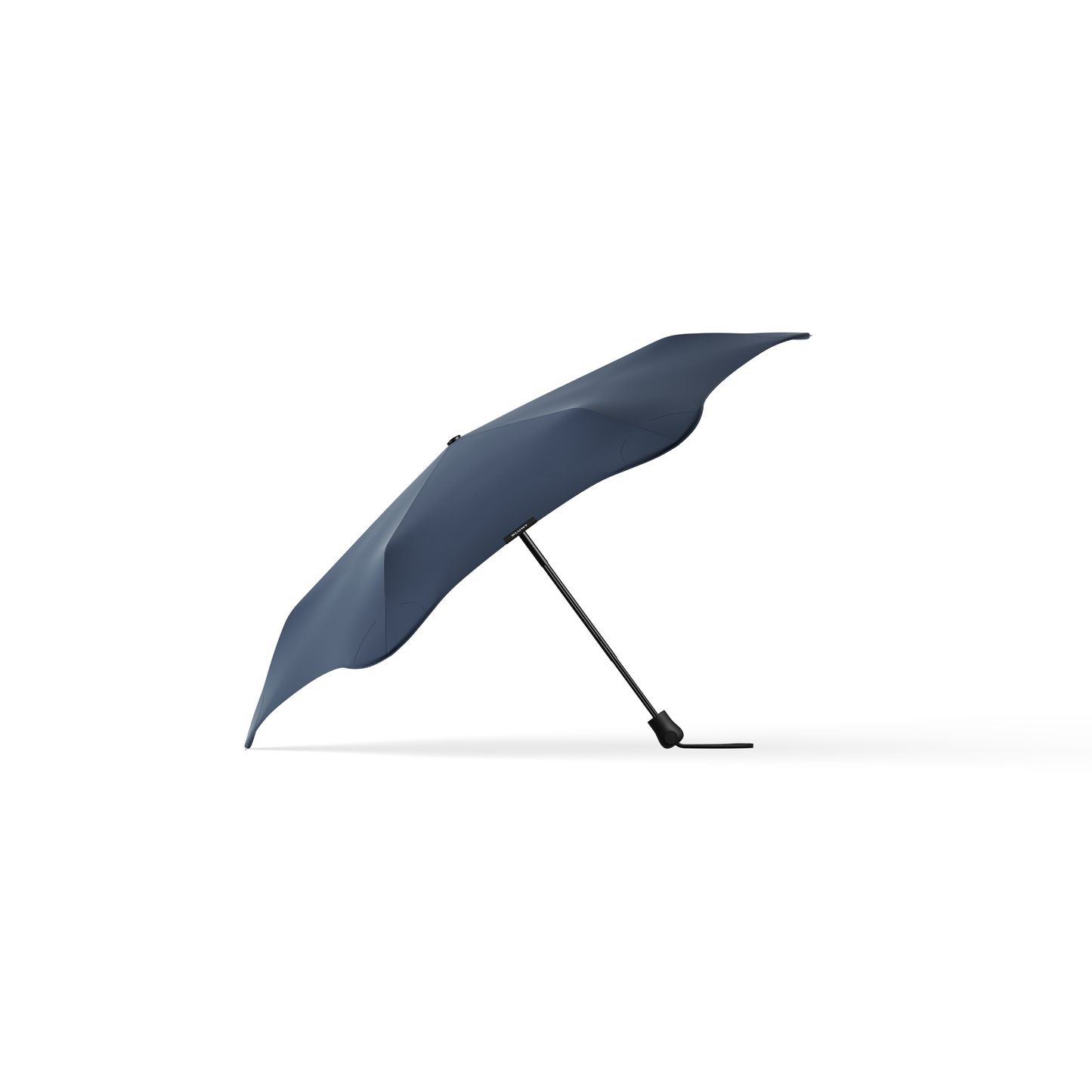 Side view of the Blunt Umbrella Midnight Navy at 98cm, featuring a compact design with high tensioned canopy, wind tested construction and recycled rPET fabric for rain or shine.