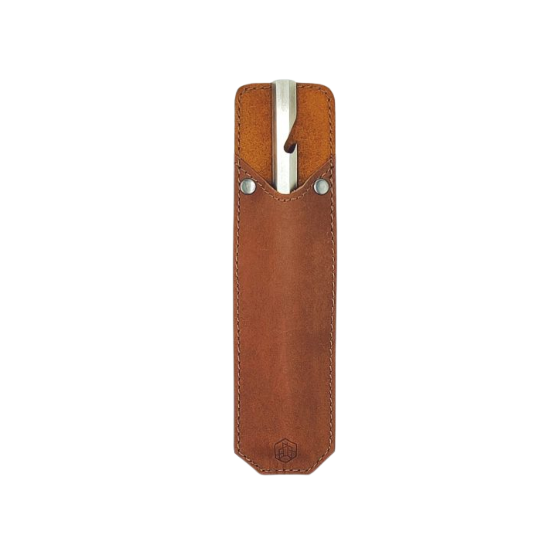 Brut Homeware burnt stainless steel bottle opener with custom buffalo leather sleeve, handcrafted in India, heavyweight 230g design for durable and stylish use, ideal as a luxury or barware gift.