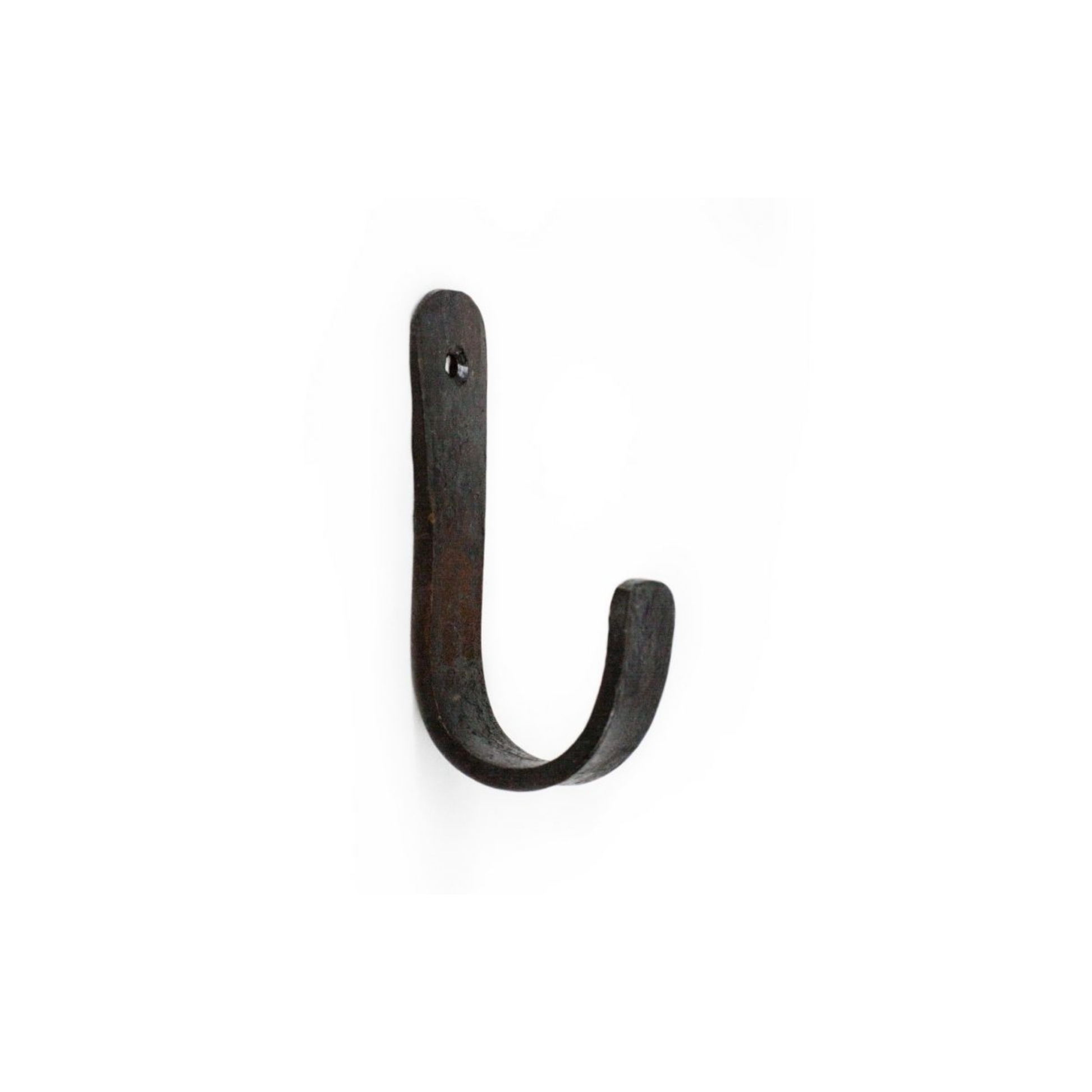 Brut Homeware wrought iron single coat hook in black or brass finish, hand-forged for industrial strength and timeless style, perfect for hanging coats, hats, bags, or towels in any room.