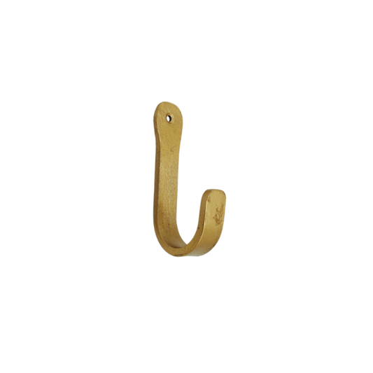 Brut Homeware single coat hook in brass gold finish, hand-forged wrought iron with industrial strength and elegant design-available in large and small sizes, ideal for hanging coats, hats, towels, or bags in any room.