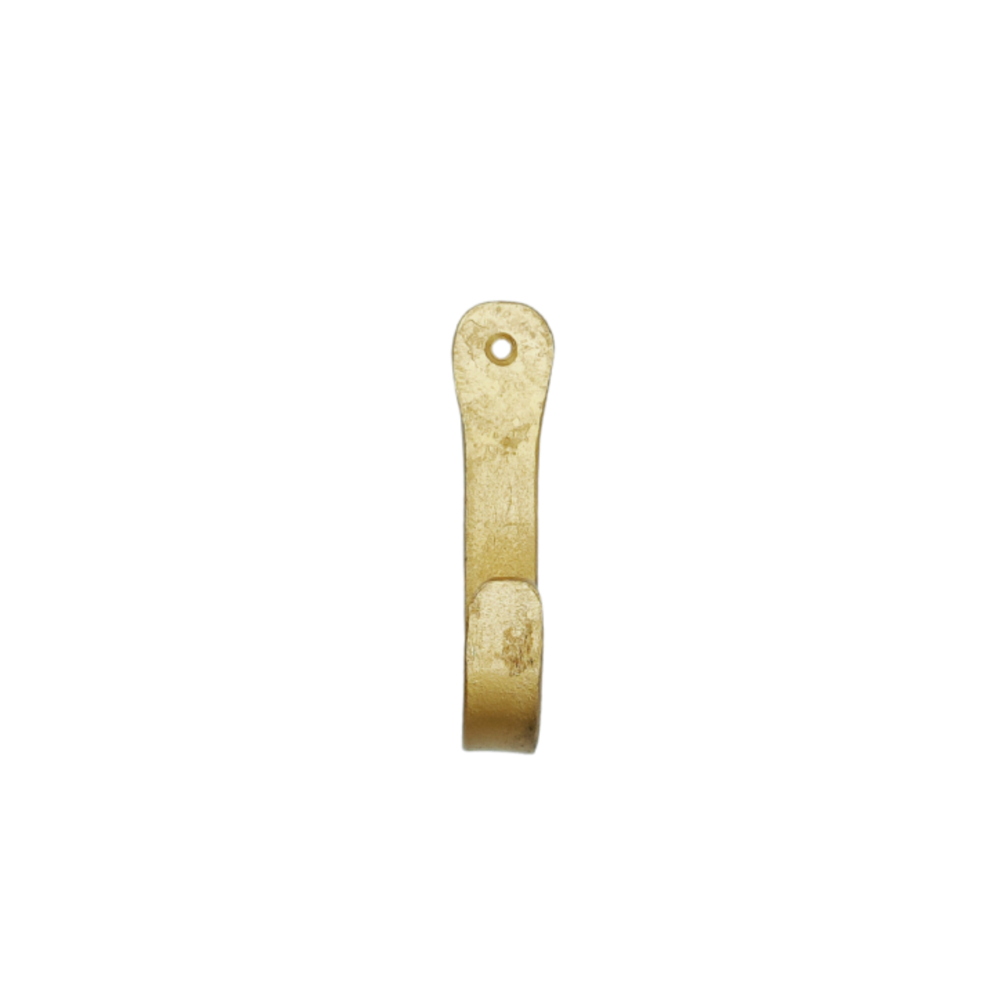 Front view of Brut Homeware single coat hook in brass gold finish, hand-forged wrought iron with industrial strength and elegant design-available in large and small sizes, ideal for hanging coats, hats, towels, or bags in any room.