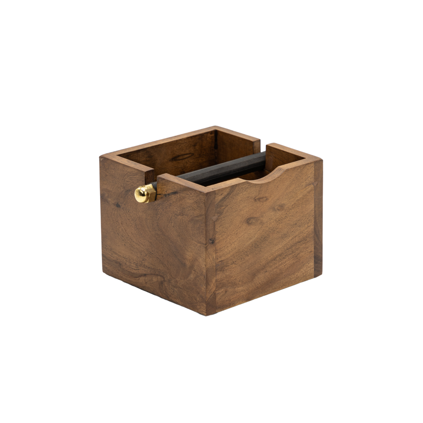 A compact, square wooden Coffee Knock Box by Brut, featuring an open top and a brass accent on one side, designed for convenient coffee grounds disposal.