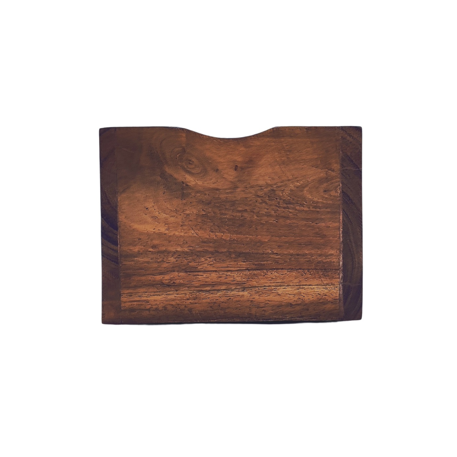 A Brut Coffee Knock Box with a rectangular wooden design and a curved indentation on one side, placed on a white background.