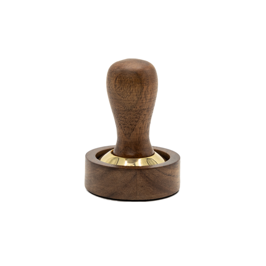 Brut Homeware espresso tamper set crafted from acacia wood and brass, precision-weighted at 360 g with a 58 mm base for perfect espresso tamping, elegantly packaged in a black gift box - ideal for coffee lovers and baristas.