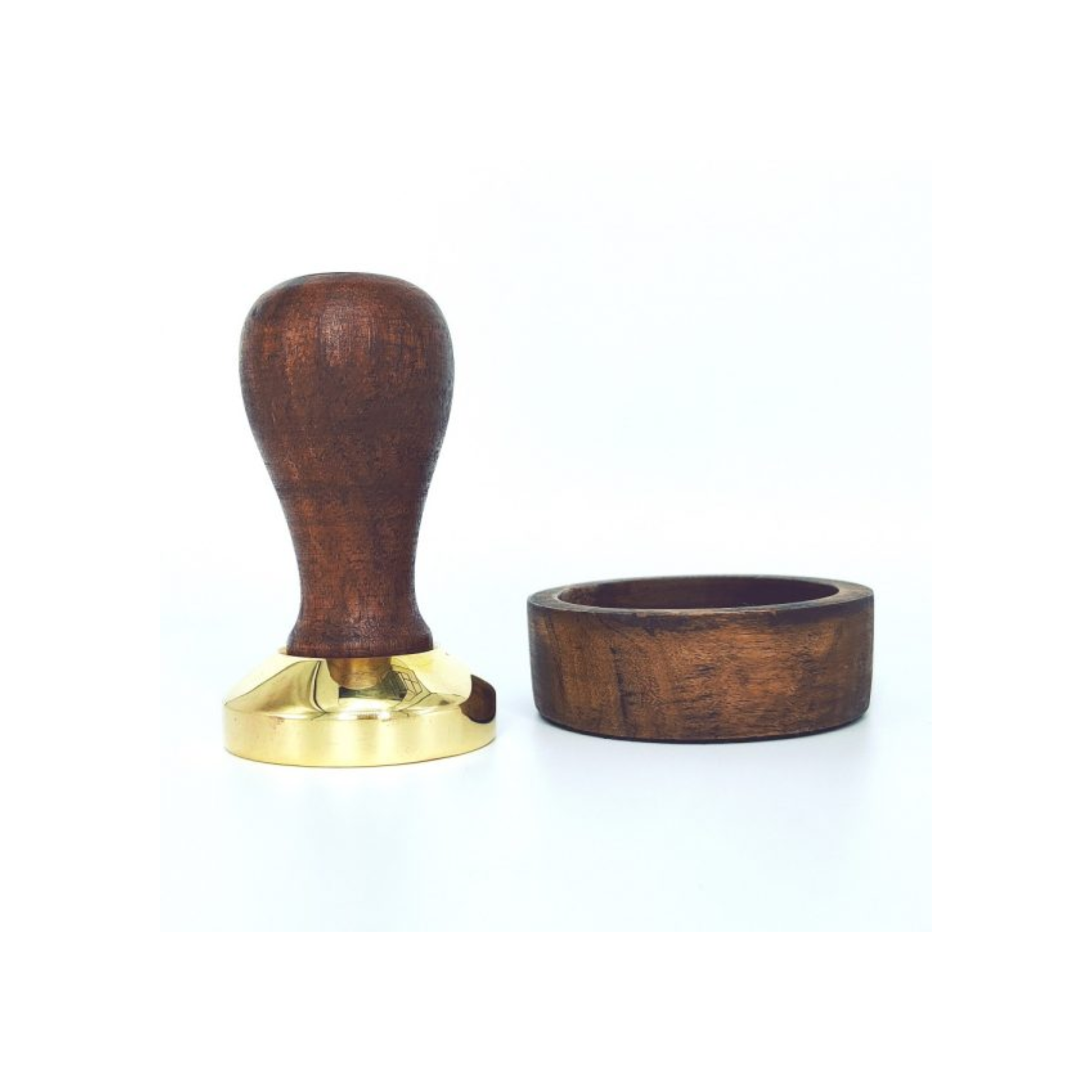 Separate view of Brut Homeware espresso tamper set crafted from acacia wood and brass, precision-weighted at 360 g with a 58 mm base for perfect espresso tamping, elegantly packaged in a black gift box - ideal for coffee lovers and baristas.