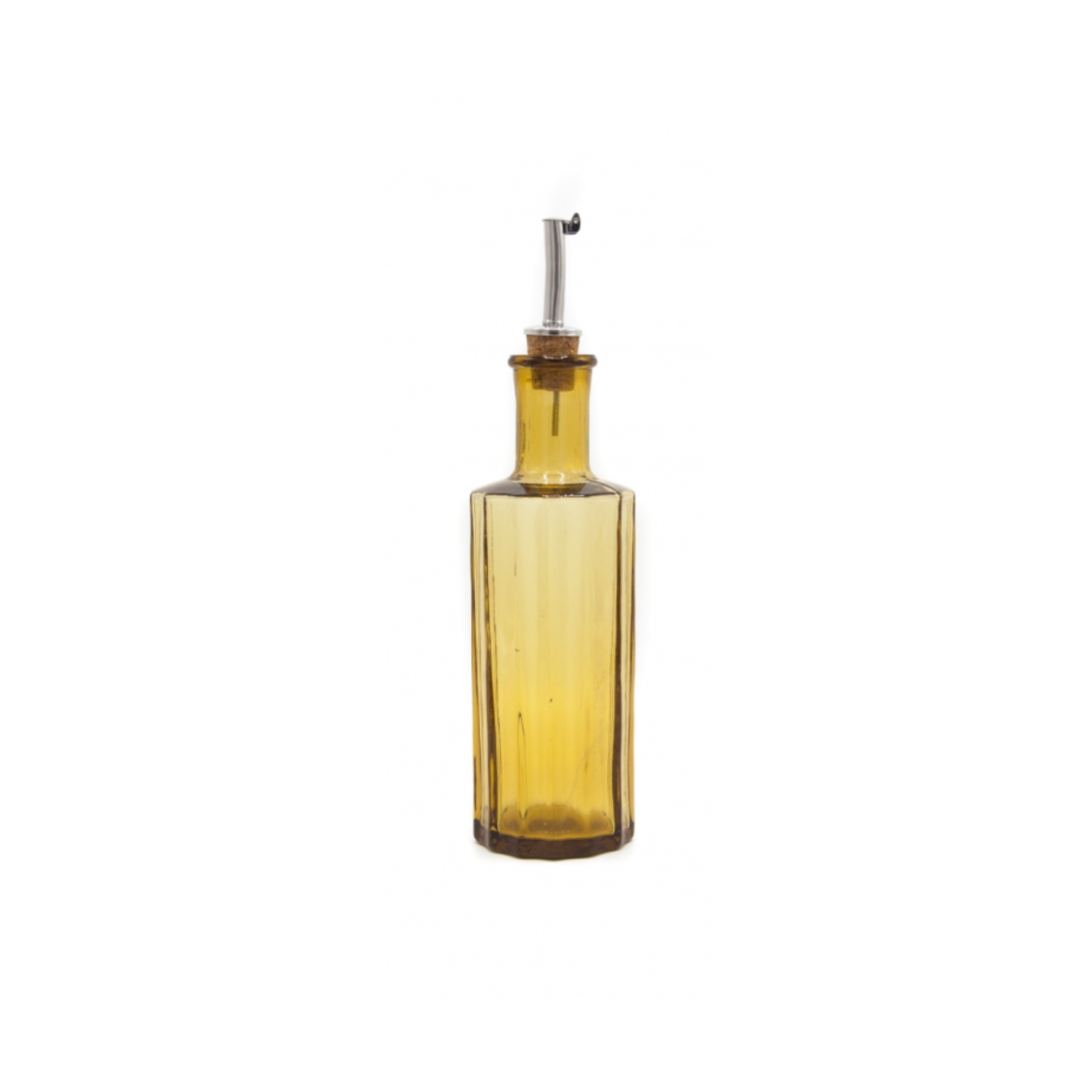 Brut Homeware Art Deco-inspired oil or vinegar bottle, amber, made from mouth-blown recycled glass with a natural cork pourer and anti-drip cap, handcrafted in India for a sustainable and elegant kitchen addition.