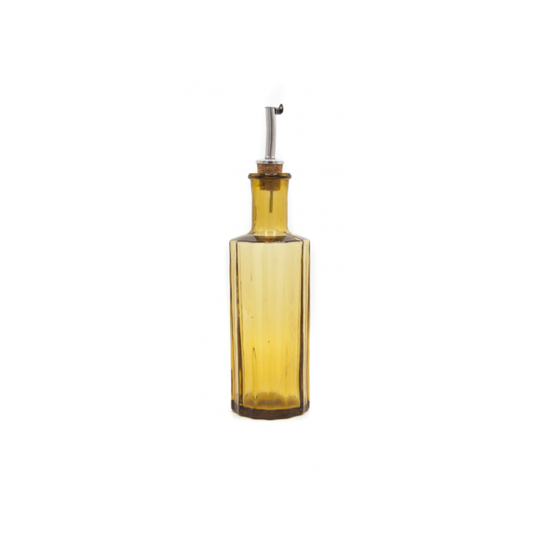 Brut Homeware Art Deco-inspired oil or vinegar bottle, amber, made from mouth-blown recycled glass with a natural cork pourer and anti-drip cap, handcrafted in India for a sustainable and elegant kitchen addition.