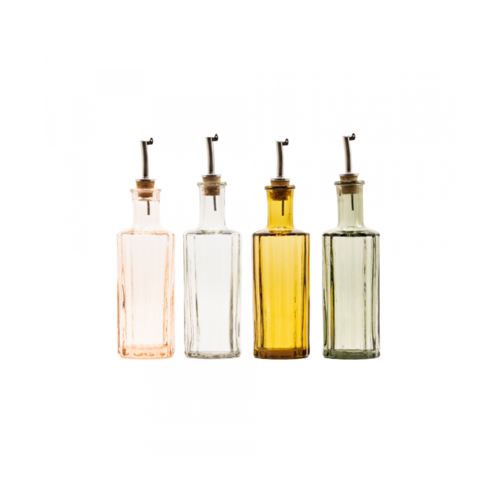 Shown with other different colors Brut Homeware Art Deco-inspired oil or vinegar bottle, amber, made from mouth-blown recycled glass with a natural cork pourer and anti-drip cap, handcrafted in India for a sustainable and elegant kitchen addition.