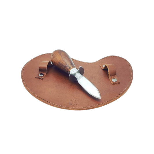 Brut Homeware classic oyster knife set featuring a stainless steel knife with acacia wood handle and a thick buffalo leather safety glove, presented in a black box-an elegant and durable toolset for seafood enthusiasts.