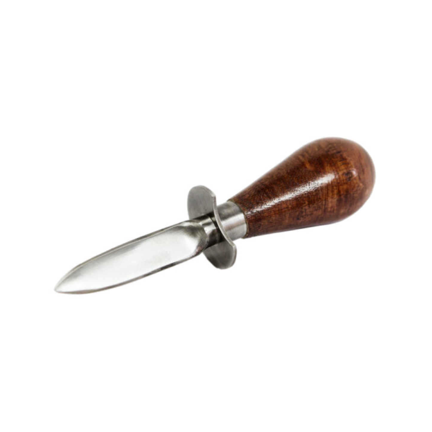 Oyster knife from the Brut Homeware classic oyster knife set with acacia wood handle and a thick buffalo leather safety glove, presented in a black box-an elegant and durable toolset for seafood enthusiasts.